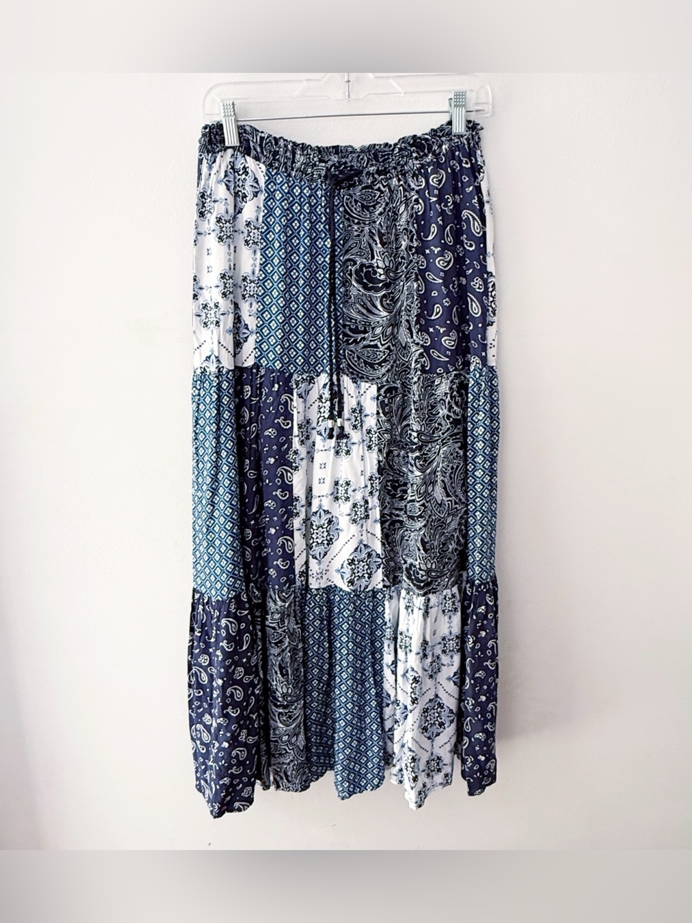 Style & Co Women Blue Floral Patchwork Tiered Maxi Skirt Small Boho Beach Coast